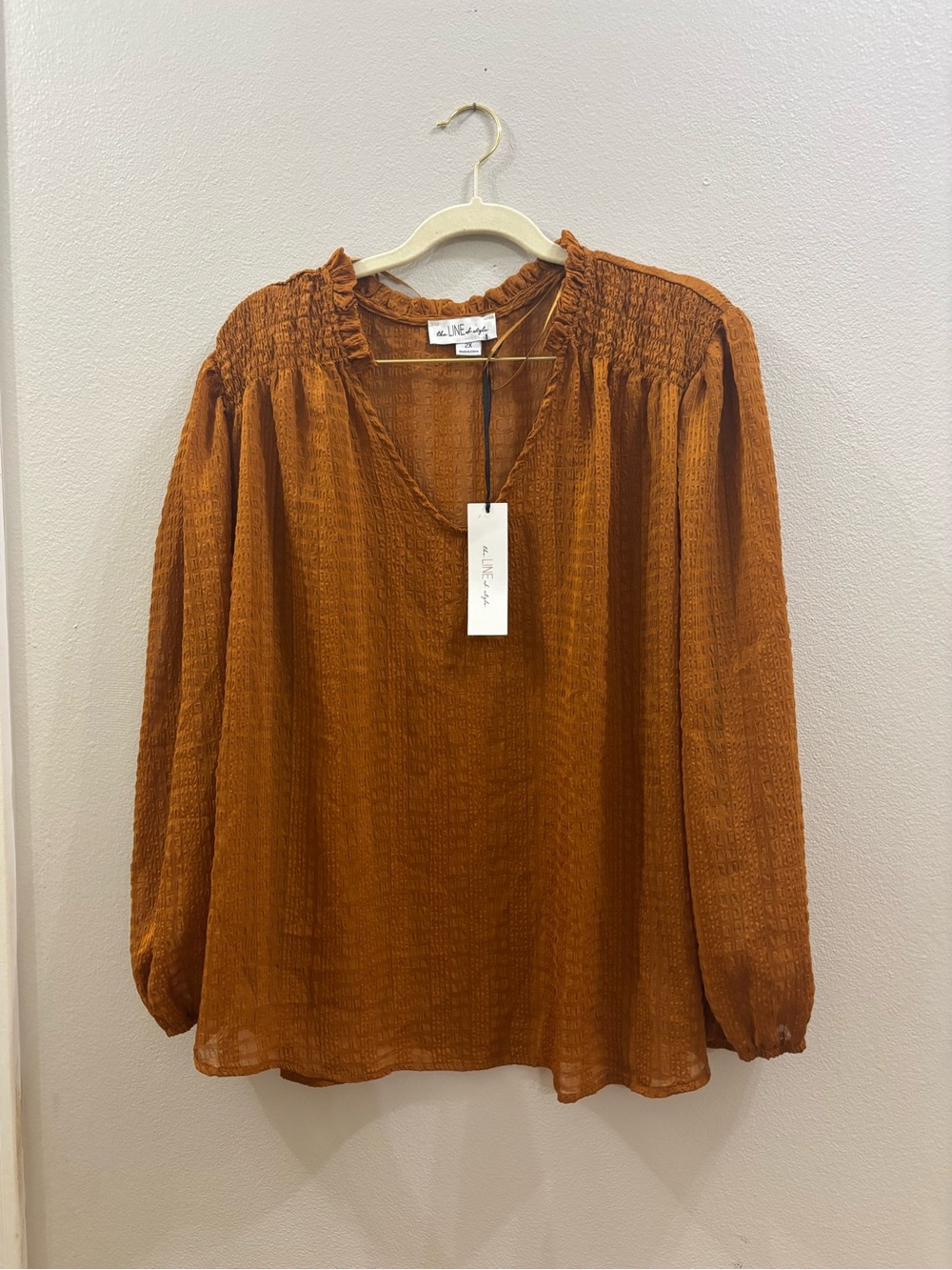 The line of style Burnt Orange Smocked Yoke Long-Sleeve Blouse